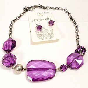 Women's Stunning Silver-tone & Purple Beaded Necklace - Matching Drop Earrings